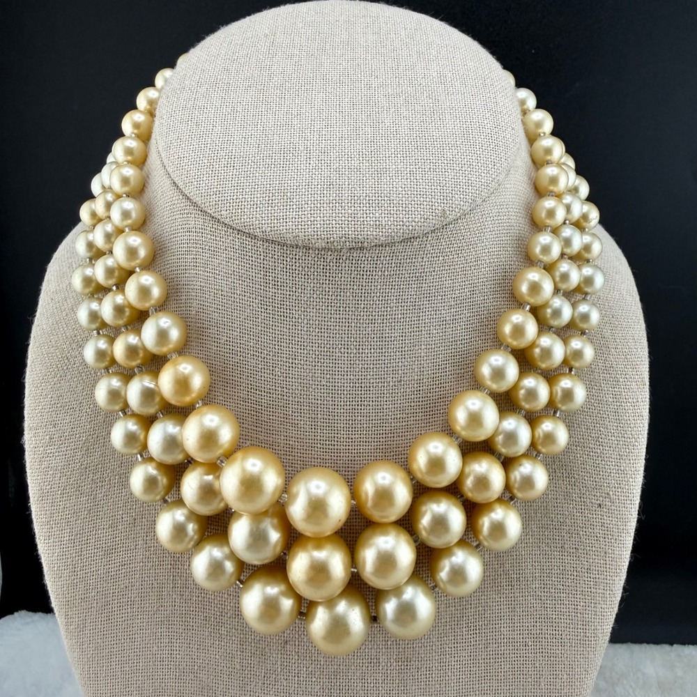 Vintage Japan Triple Strand Faux Pearl Necklace Champagne Graduated 13-15in